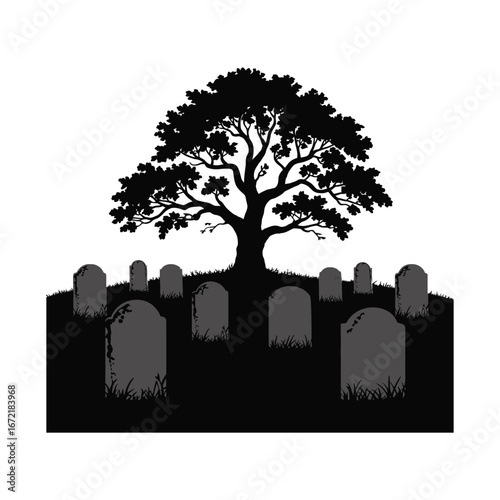 Graveyard Silhouette Illustration with Tombstones and Tree in a Dark and Gloomy Setting
