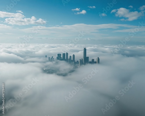 Modern city skyline emerging from a sea of clouds under a blue sky