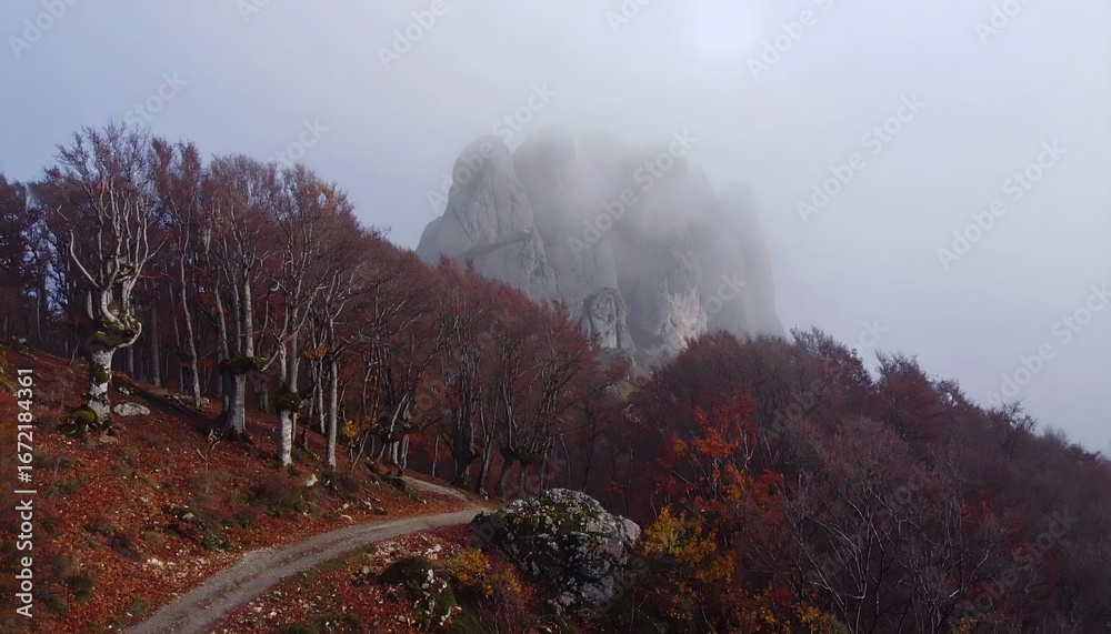 Fototapeta premium Foggy Autumn Forest Trail with Bare Trees, Moody Seasonal Landscape for Halloween Atmosphere and Nature Travel