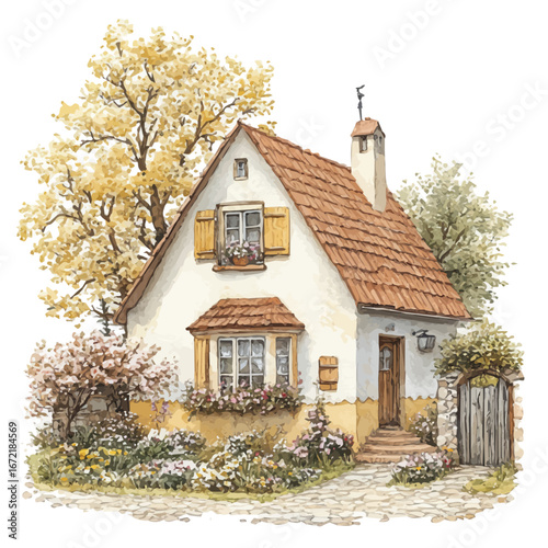 Countryside Landscape Early Spring, watercolor vector, isolated on a white background.