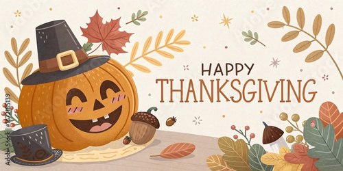 Festive Thanksgiving illustration with a pumpkin, autumn leaves, acorns, and a pilgrim hat, featuring the text 