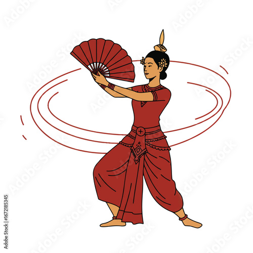 Cambodian dancer gracefully performs traditional Apsara dance with fan against white backdrop, showcasing cultural heritage and artistic expression.