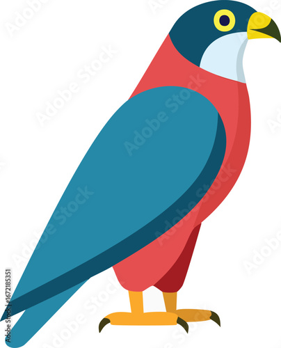 Red and blue bird with yellow eye and beak falcon raptor