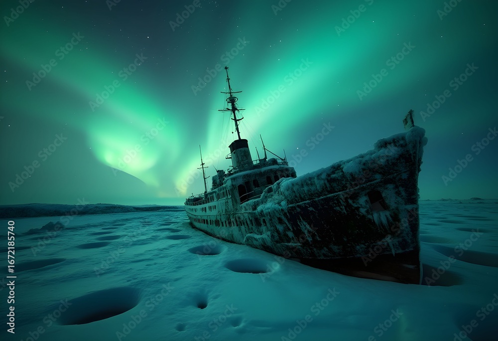 Fototapeta premium Abandoned Shipwreck Bathed in Northern Lights on Frozen Arctic Ice