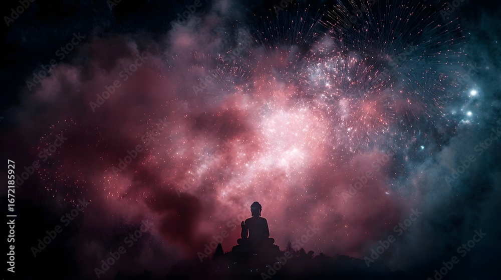 Fototapeta premium Fireworks burst behind a serene Buddha statue during a sacred celeb n
