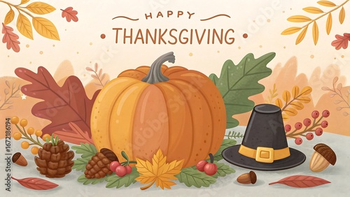 Festive Thanksgiving illustration with a pumpkin, autumn leaves, acorns, and a pilgrim hat, featuring the text 