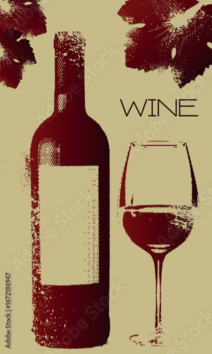 Red wine, illustration alcohol bottle, glass, grape leaf, grunge style, distressed texture, splash effect. Restaurant banner design, wine list, sommelier, chardonnay, merlot, wine tasting, drinking