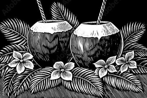 coconuts decorated with tropical leaves and flowers, exotic rustic composition, organic natural beauty, black and white sketch