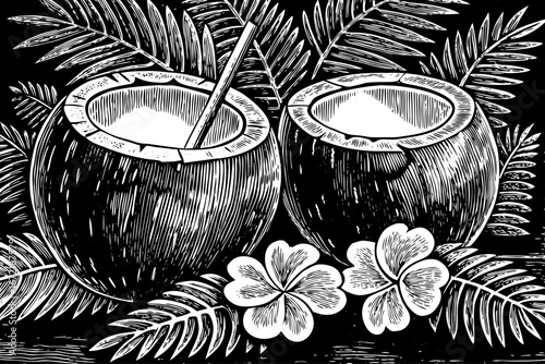 coconuts decorated with tropical leaves and flowers, exotic rustic composition, organic natural beauty, black and white sketch