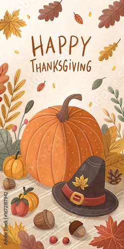 Festive Thanksgiving illustration with a pumpkin, autumn leaves, acorns, and a pilgrim hat, featuring the text 