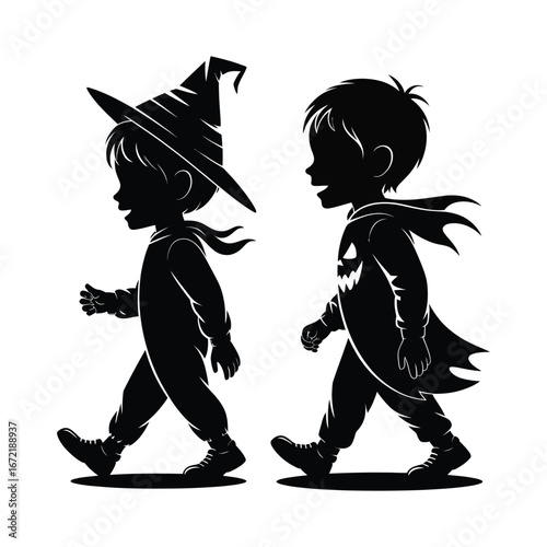 Children Silhouette Illustration in Halloween Costumes Walking, Witch and Vampire Fun