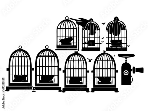 Illustration showing a collection of birdcages and a press machine in black and white vector format
