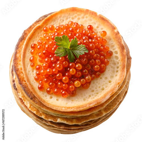 Freshly baked pancake with red caviar isolated on transparent background