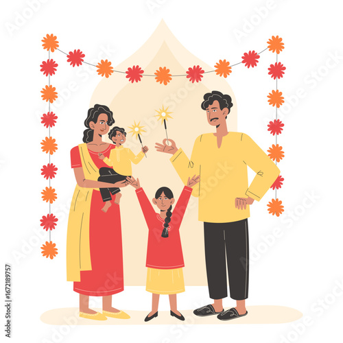 Happy Indian family celebrating Diwali with burning sparklers and festive lights