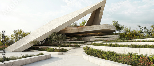 A modern architectural presentation featuring orthographic drawings and 3D renders of a triangular futuristic structure with a curving stone roofline. 
