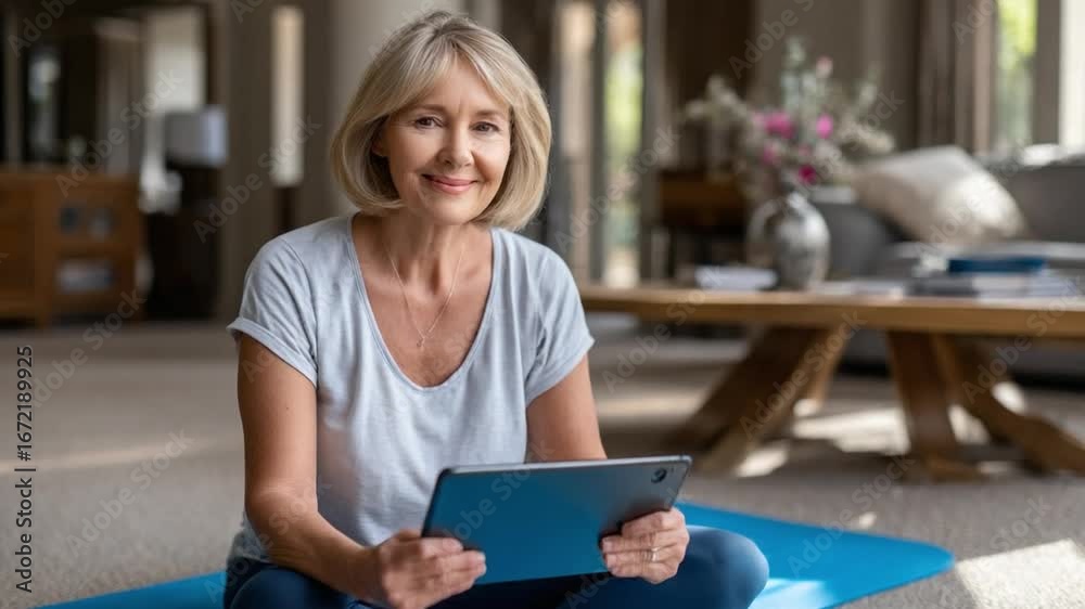 Content Woman's Digital Connection: A poised senior woman holds a digital tablet, seated on a yoga mat in a warm living space. Content Woman's Digital Connection: A poised senior woman holds a digital tablet, seated on a yoga mat in a warm living space.