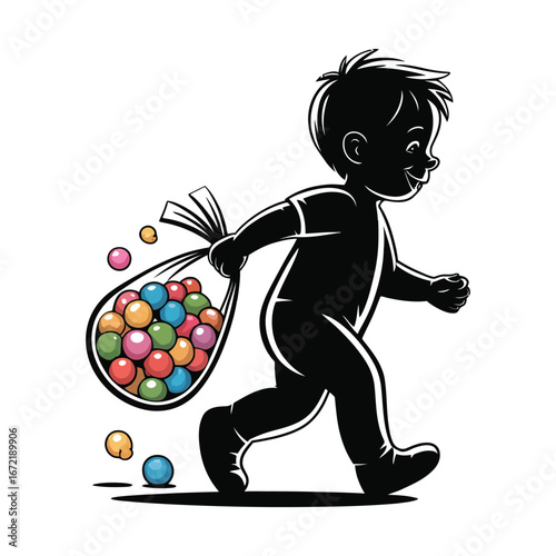 Silhouette Illustration of Boy Running with Candy Bag Full of Sweets and Treats