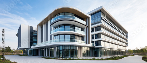 A modern multi-story building with a sleek angular structure
