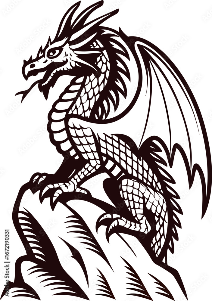 Obraz premium Mythical dragon perched on rocky cliff with wings spread, detailed black ink engraving, fantasy illustration