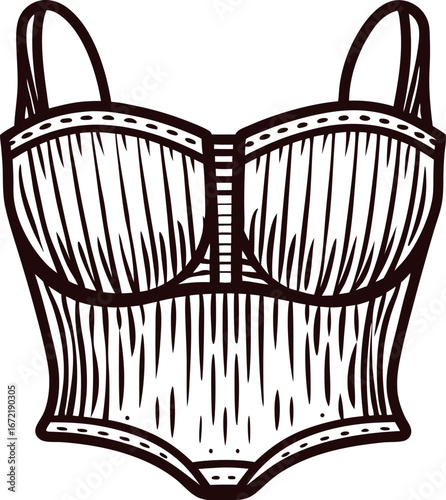 Hand drawn vintage corset bodysuit sketch striped undergarment with straps, retro underwear illustration on white