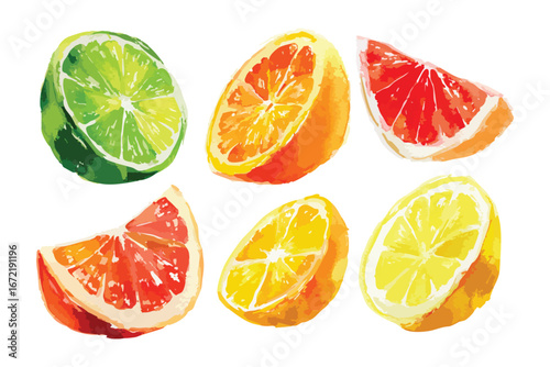Watercolor Citrus Fruit Slices Illustration Set Fresh Juicy Colorful Citrus Collection Hand Painted Fruit Isolated on Transparent Background