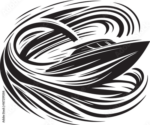 : Dynamic black and white illustration depicting a speedboat navigating swirling abstract waves, portraying speed and motion. Stunning composition illustrating energy and elegance