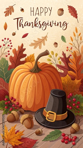 Festive Thanksgiving illustration with a pumpkin, autumn leaves, acorns, and a pilgrim hat, featuring the text 