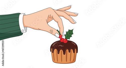 Delicate hand adorning a festive chocolate cake with holly berries for a special holiday celebration