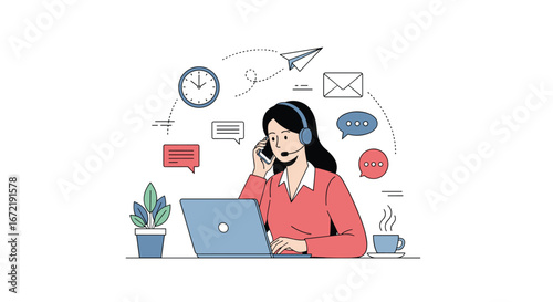 A skilled customer support representative expertly handles a call while managing multiple tasks efficiently in a modern office setting