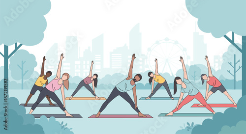 Diverse group of people practicing yoga in a park with a city skyline and ferris wheel in the background promoting healthy lifestyles and outdoor activities