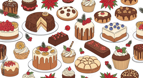 A delicious assortment of festive holiday cakes and sweet desserts for seasonal celebrations