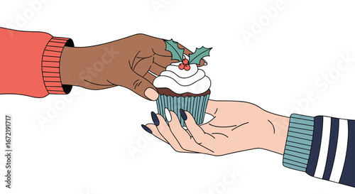 Giving and receiving a festive christmas cupcake decorated with holly and berries