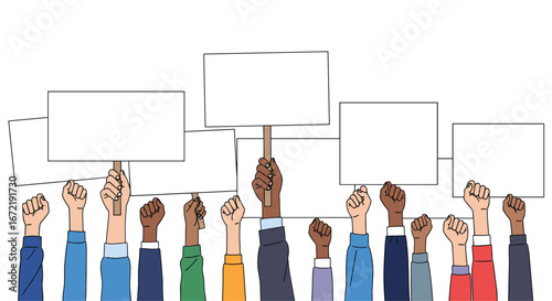 Diverse group of people raising hands holding blank signs for protest demonstration or rally event support