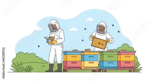 Beekeepers in protective suits tending to colorful honey beehives outdoors on a sunny day