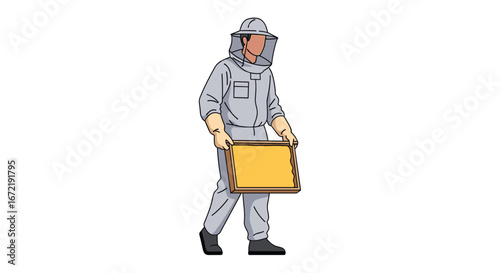 A person in a protective suit carries a yellow box with caution symbols for safety and handling dangerous materials