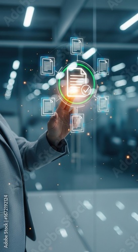 A businessman hand interacts with floating circular document interface in office and digital icons surround the central checkmark, document review, quality control process, quality assurance