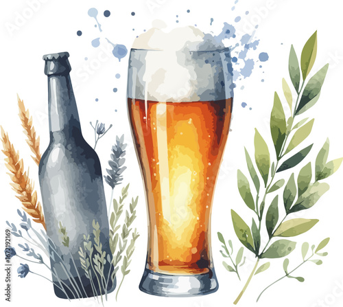 Watercolor Beer Glass and Bottle with Wheat and Greenery Refreshing Alcoholic Drink Illustration for Bar or Restaurant Advertisement