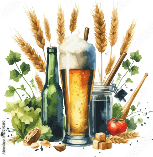 Craft Beer Still Life with Bottle Glass Jar and Ingredients Artful Composition for Beverage Themes