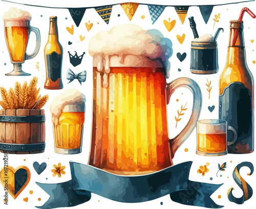Oktoberfest Watercolor Illustration with Beer Mugs and Decorations Celebrating Bavarian Beer Festival with Pennants and Floral Accents
