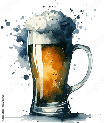 A refreshing mug of cold, golden lager with a frothy head of foam, isolated against a white background