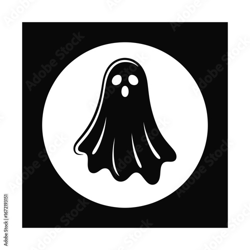Simple Ghost Silhouette Illustration Floating in a White Circle on Black Background
