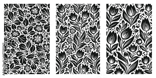 Black and white floral patterns, Black and White Floral Vector Seamless Pattern,