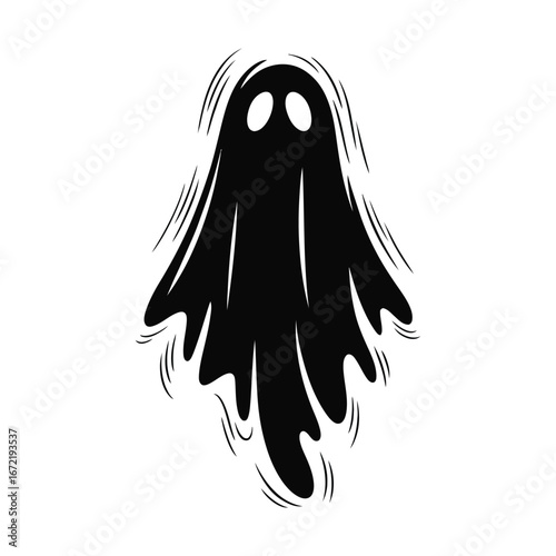 Wavy Ghost Silhouette Illustration with Motion Lines on a White Isolated Background