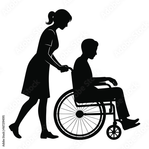 Nurse pushing patient in wheelchair silhouette on white background disability assistance