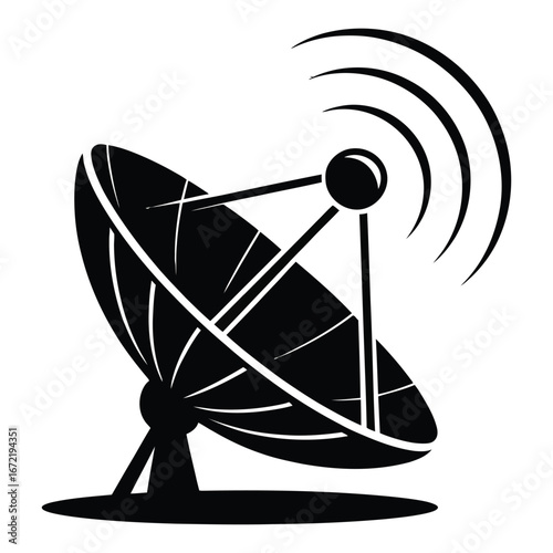 Satellite dish transmitting signals with radiating waves silhouette antenna communication