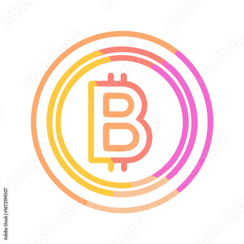 Colorful bitcoin symbol illustration for cryptocurrency concept - Flat gradient illustration of a bitcoin sign inside circular lines, representing cryptocurrency, blockchain, digital finance, and onli