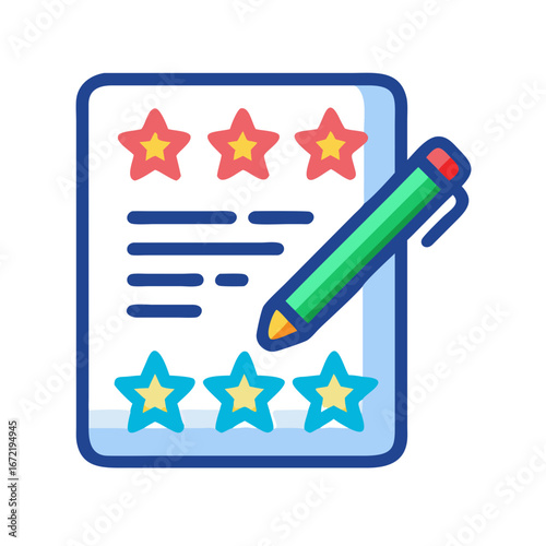 Customer feedback review illustration - Colorful illustration of a feedback form with a pen and star ratings, representing customer reviews, surveys, satisfaction, and evaluation.  
