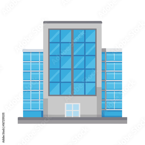 Modern office building illustration with glass windows - Flat style illustration of a commercial office building featuring large blue glass windows and a contemporary architectural design.
