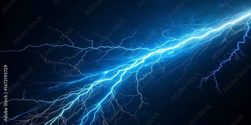 Fototapeta premium A powerful electric blue lightning bolt strikes across a dark night sky illuminating the atmosphere with its vibrant and energetic discharge
