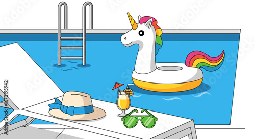 Magical summer pool party with a unicorn inflatable ring cocktail hat and sunglasses